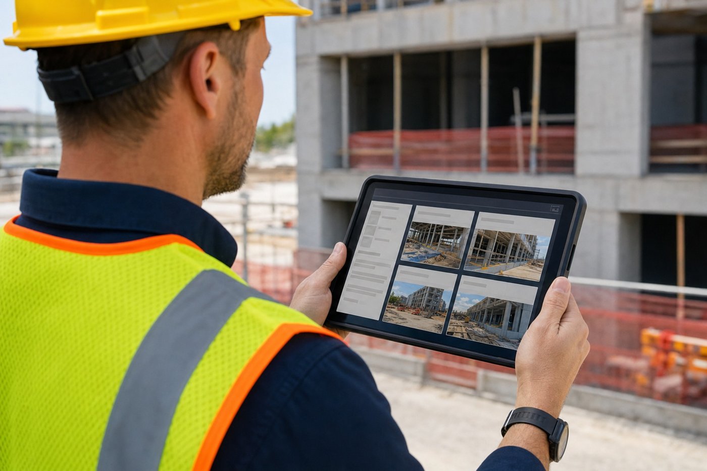 Contractor reviewing surety bonding paperwork